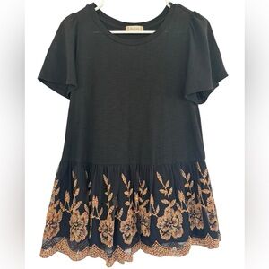 Altar’d State Black Short Sleeve Peplum Embroidered Floral Mesh Top Size M
